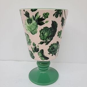 Anthropologie Papillon Handpainted Pedestal Vase Green Cream Floral Dragonfly